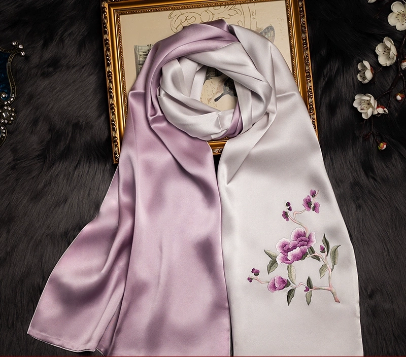 Purple silk scarf neckerchief with Peony