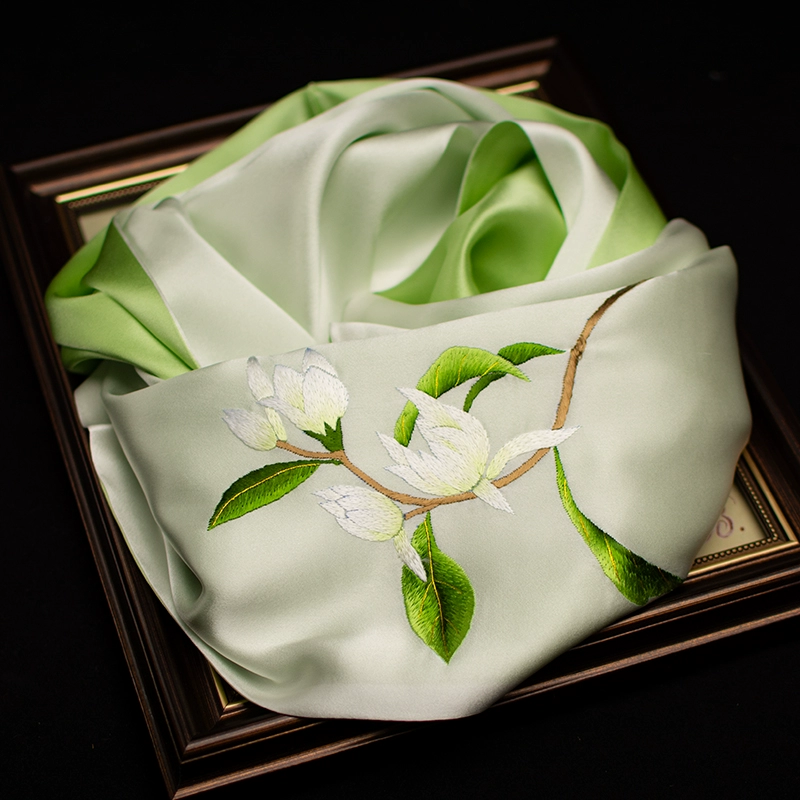 Green silk scarf neckerchief with morning glory