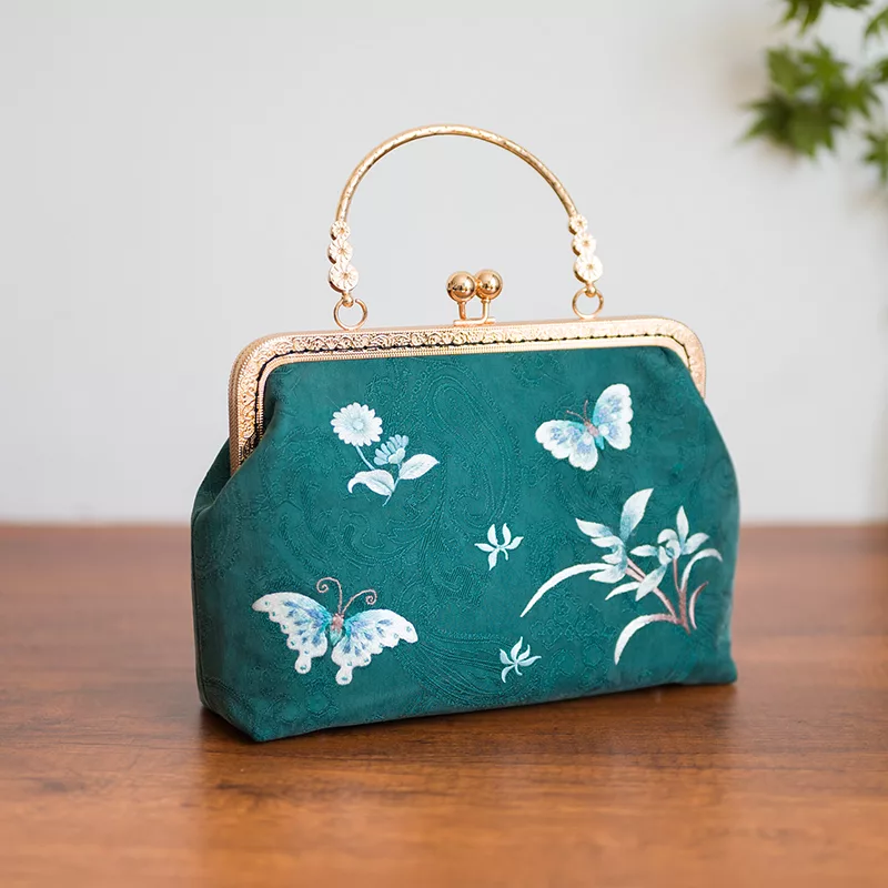 Green silk wallet handbag with embroidery butterflies
