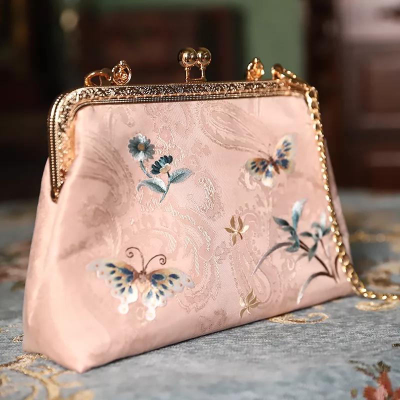 Pink silk wallet handbag with embroidery butterflies