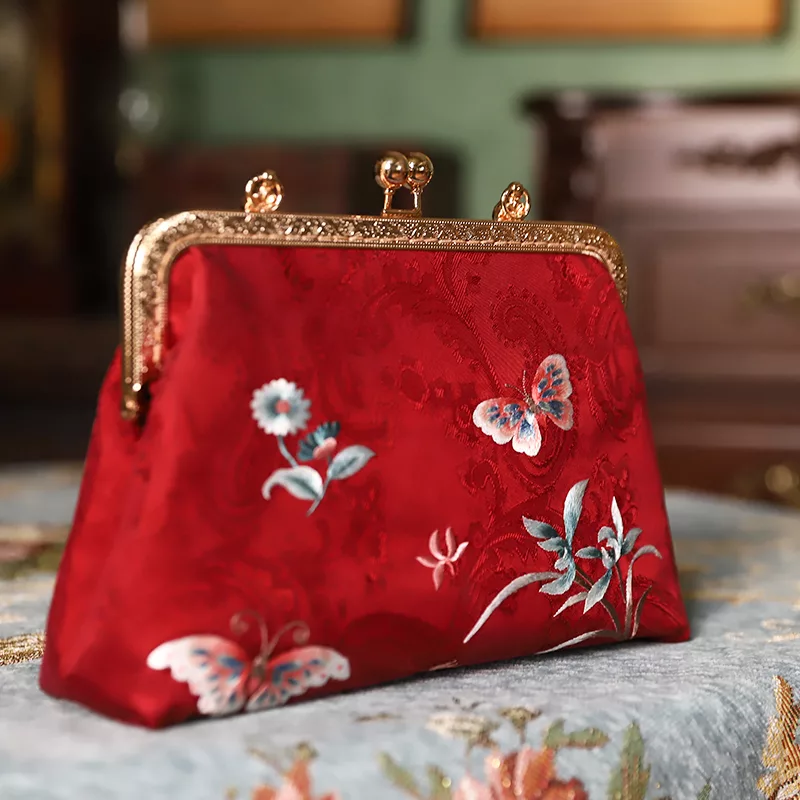 Red silk wallet handbag with embroidery butterflies