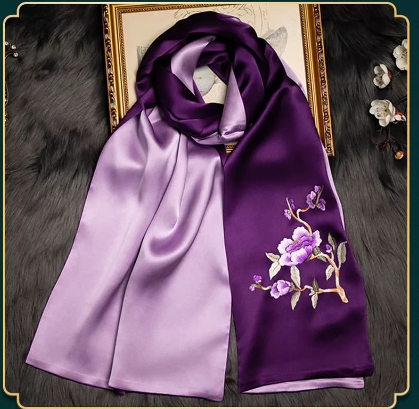 Dark Purple silk scarf neckerchief with Peony